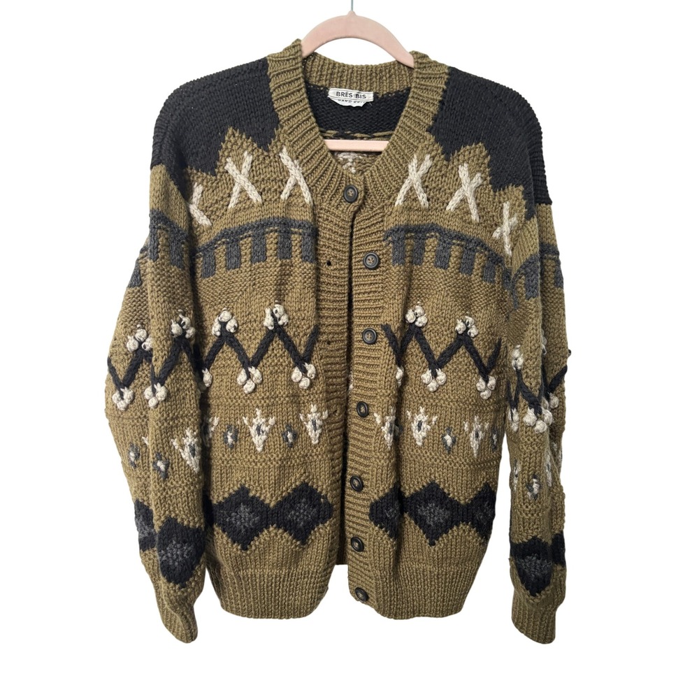 Vintage Bres Bis Hand Knit Wool Cardigan Olive Green Fair Isle Sweater Womens M